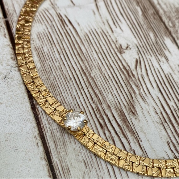 Vintage Gold-tone Flat Chain w/ CZ Clear Stone Center Necklace - Picture 12 of 15